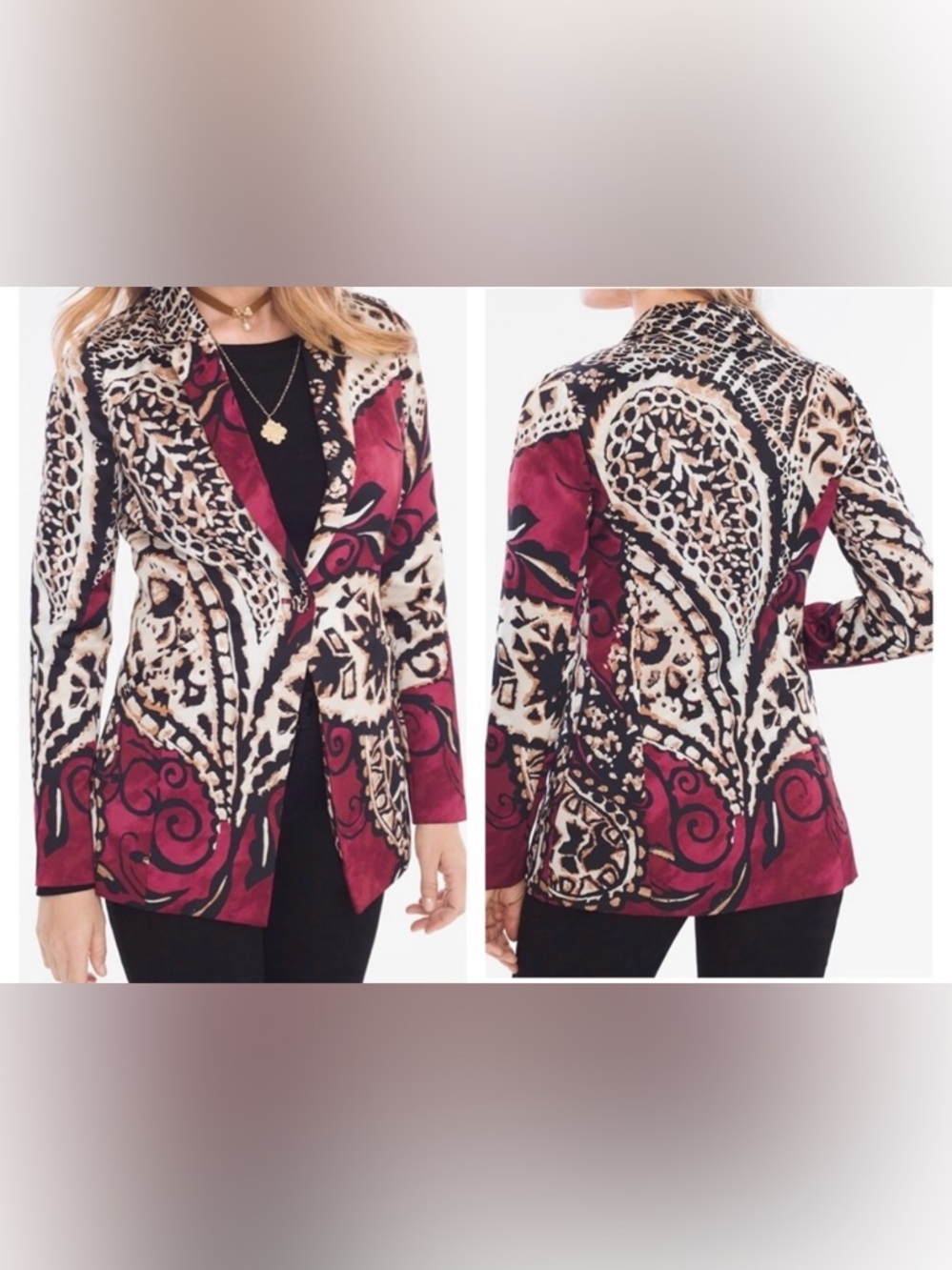 Chico's Burgundy Black Cream Printed Open Blazer Size 3